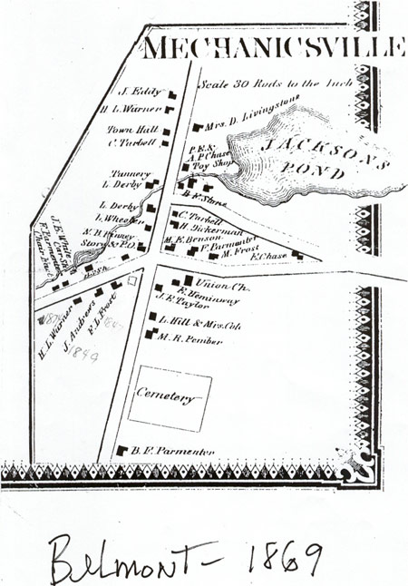 A map of Mechanicsville (now Belmont) circa 1869.